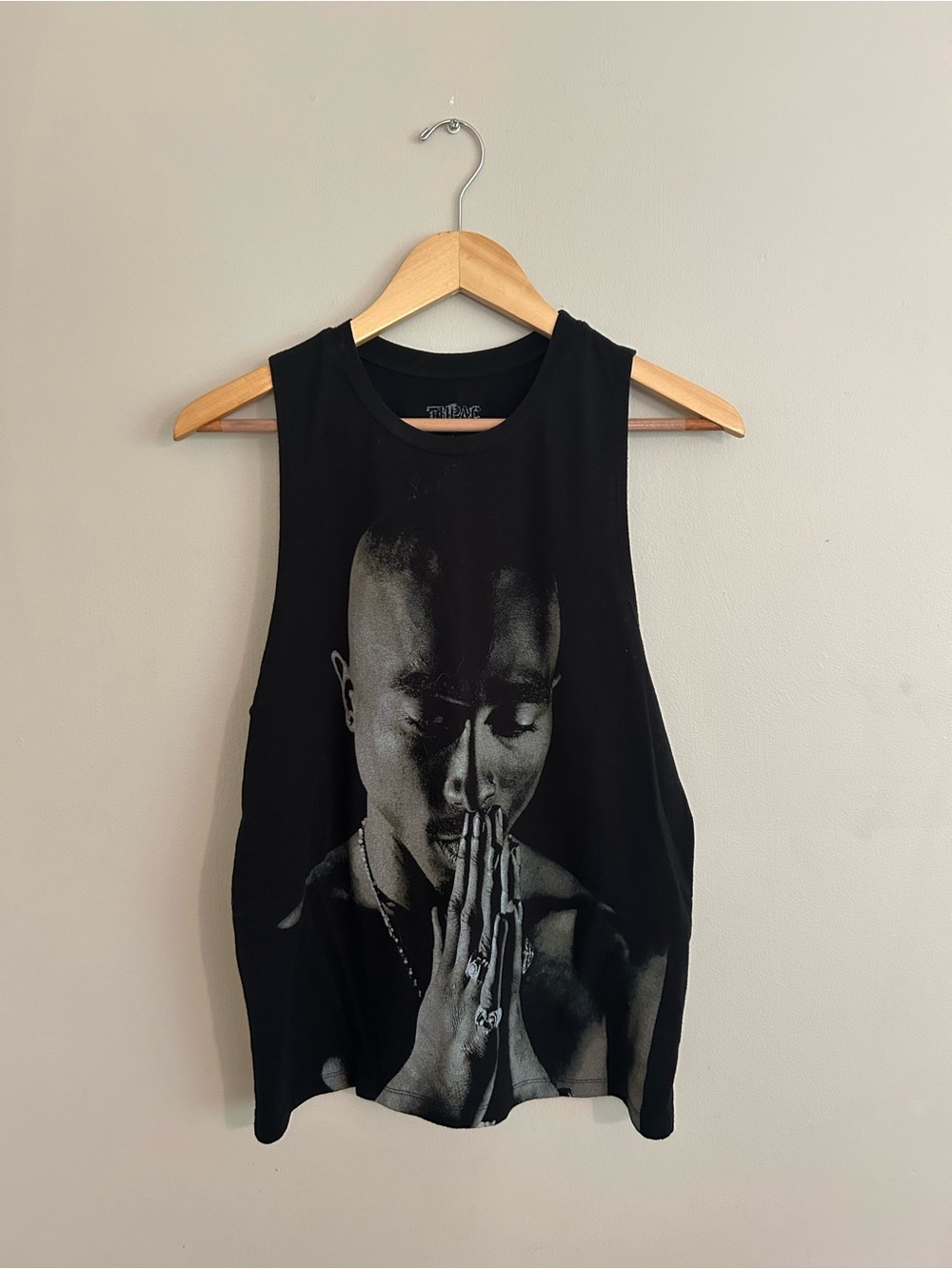 Black Graphic Muscle Tank Top with Monochrome Portrait Print